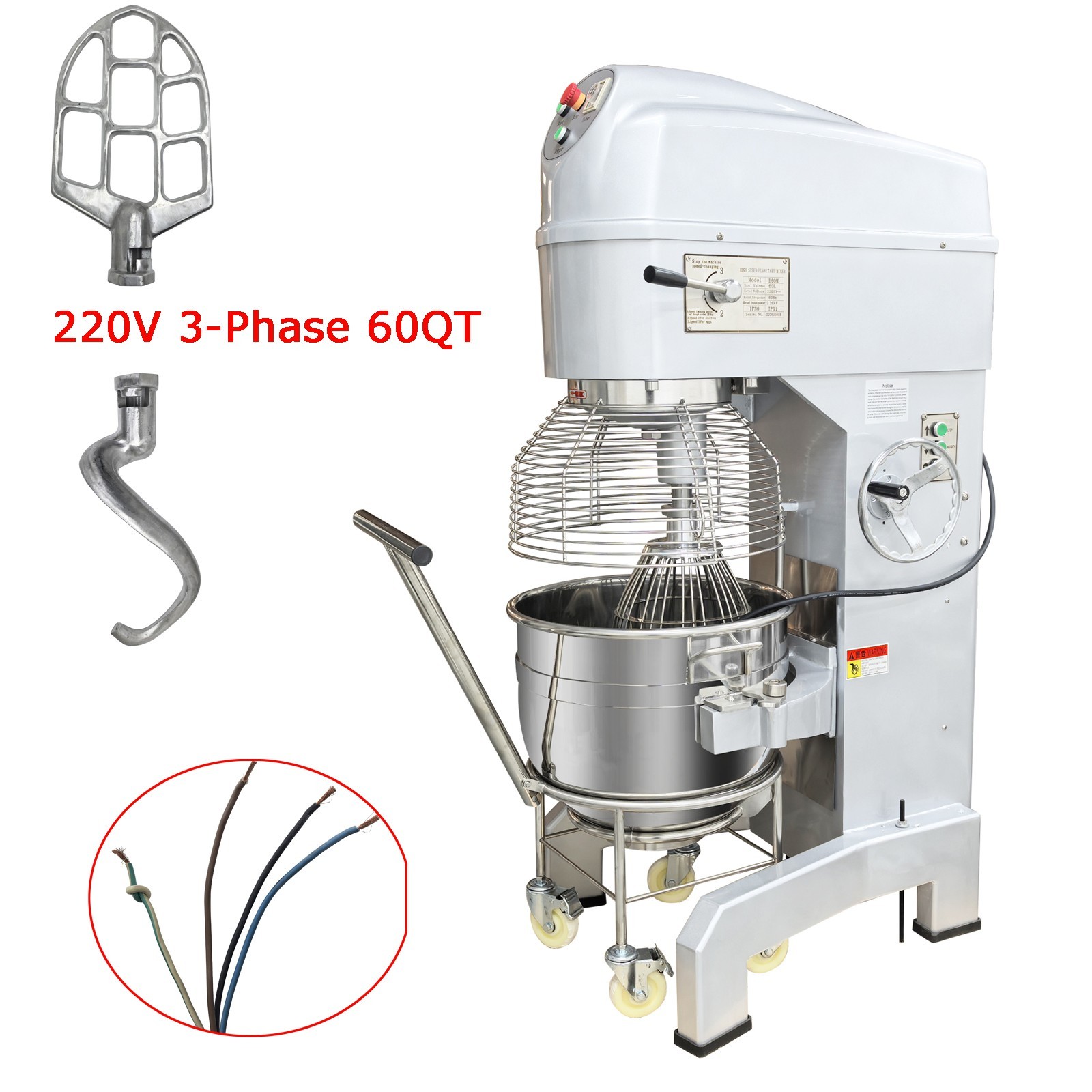 220V 3-Phase 60QT Spiral Dough Mixer with Trolley Food Stuffings Mixer Machine
