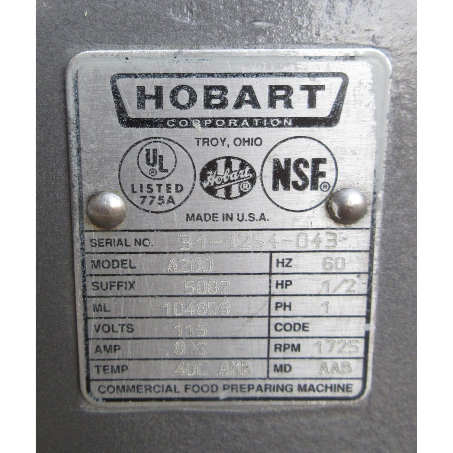 Hobart A200 20 Qt Commercial Bakery Dough Mixer, Bowl And 2 Attachments Included