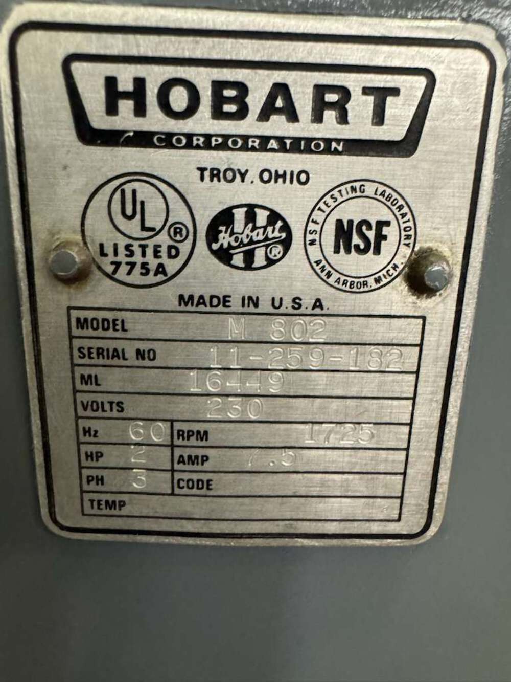 Used 80qt Hobart M802 Planetary Floor Mixer with Attachments 2HP 230V 3Ph