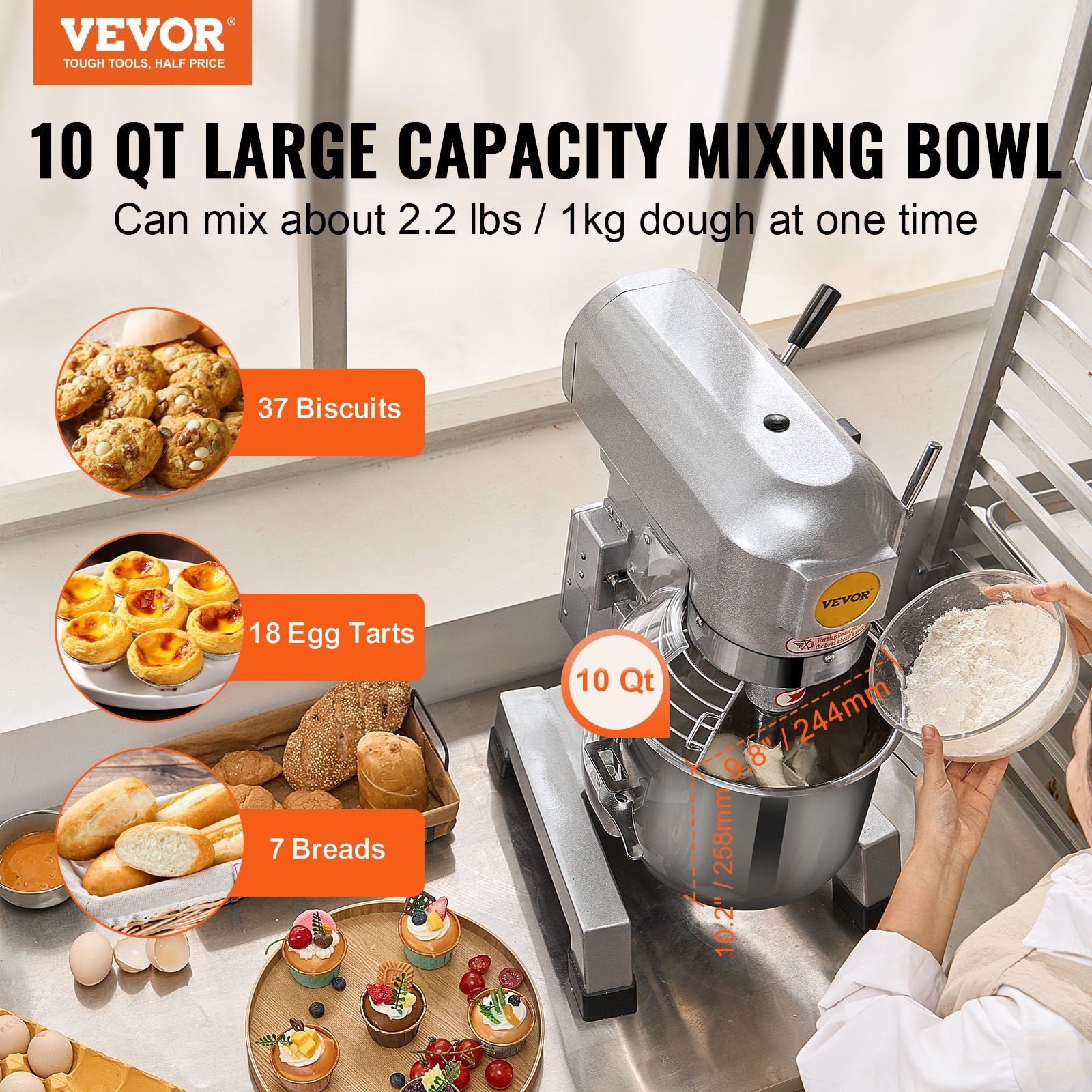 Industrial 10L 3-Speed 550W Dough Mixer with Safety Overload Protection