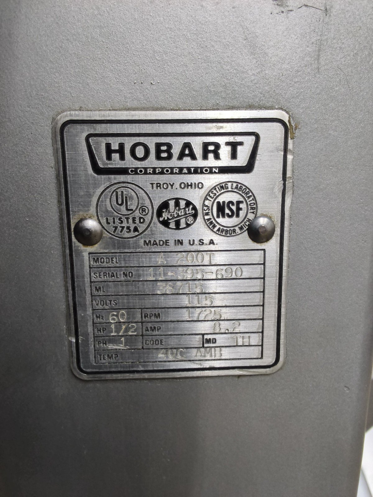 HOBART A-200T 20 QT COUNTERTOP DOUGH MIXER WITH BOWL & WHIP