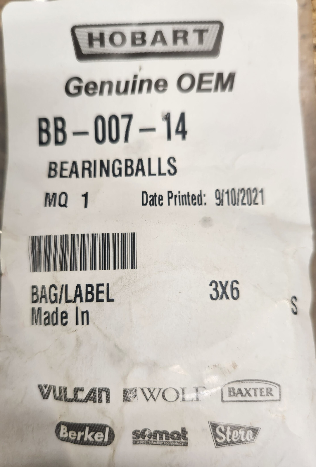 Hobart BALL BEARING BB-007-14 bottom P660 worm gear shaft Hl660 HL600 4632 4732
