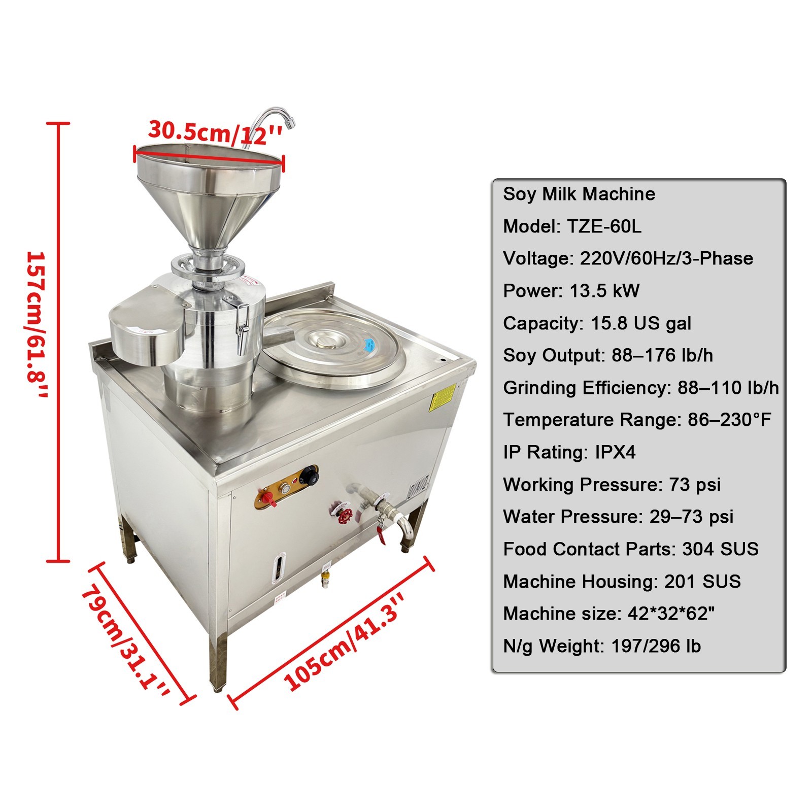 220V 3PH 13.5KW 60L Commercial Stainless Steel Soymilk Machine 86-230℉