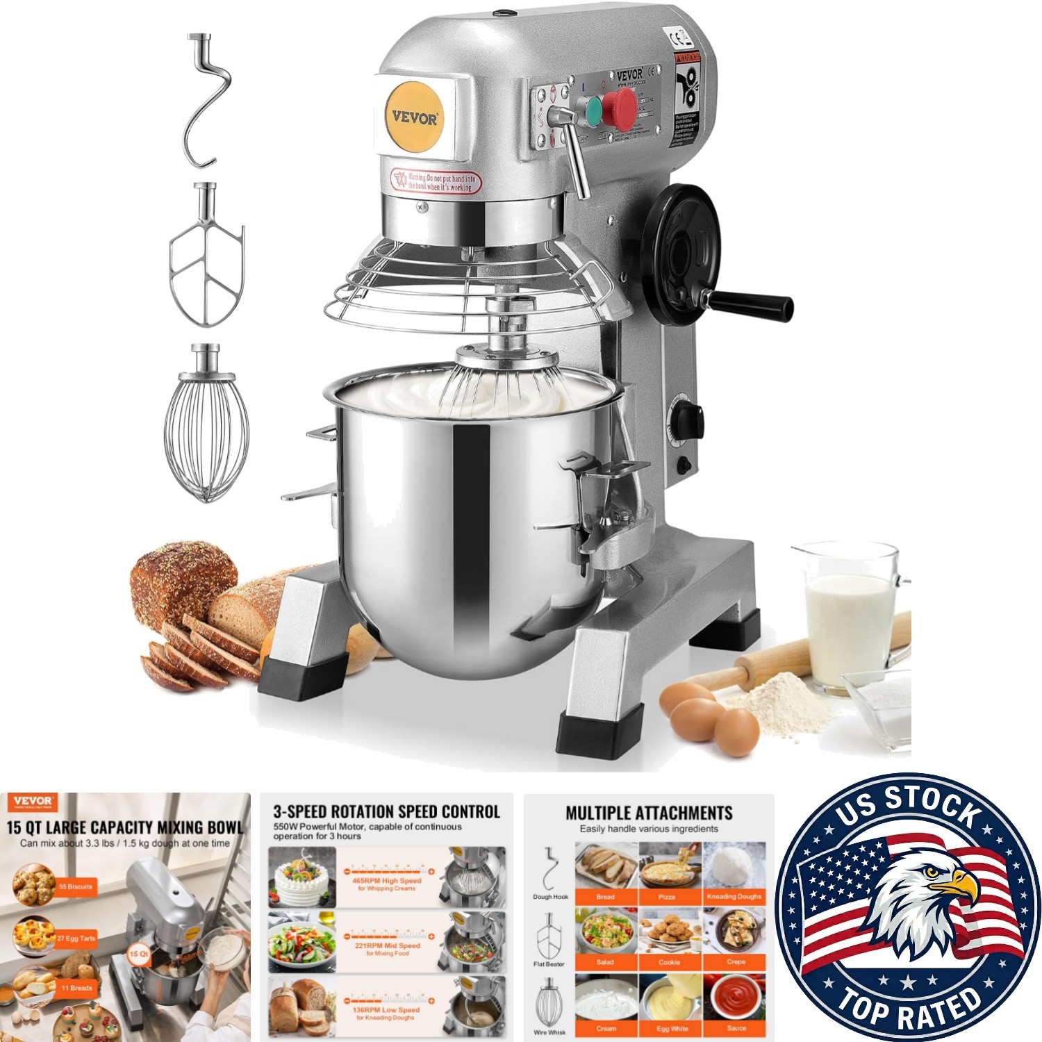 Versatile 15Qt Stand Mixer with Timer: Perfect for Bakeries & Restaurants