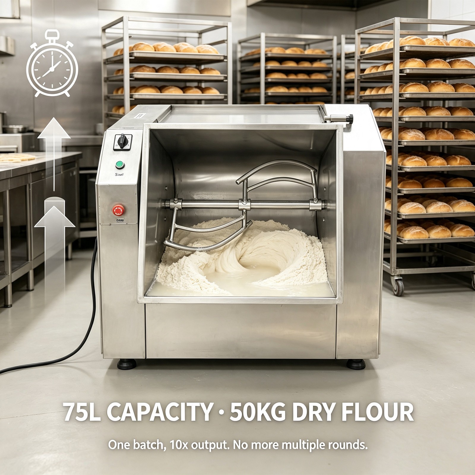 75L Industrial Dough Mixer, 220V 3-Phase, 110.23lb Dry Flour, Auto-Stop Lid, 90°