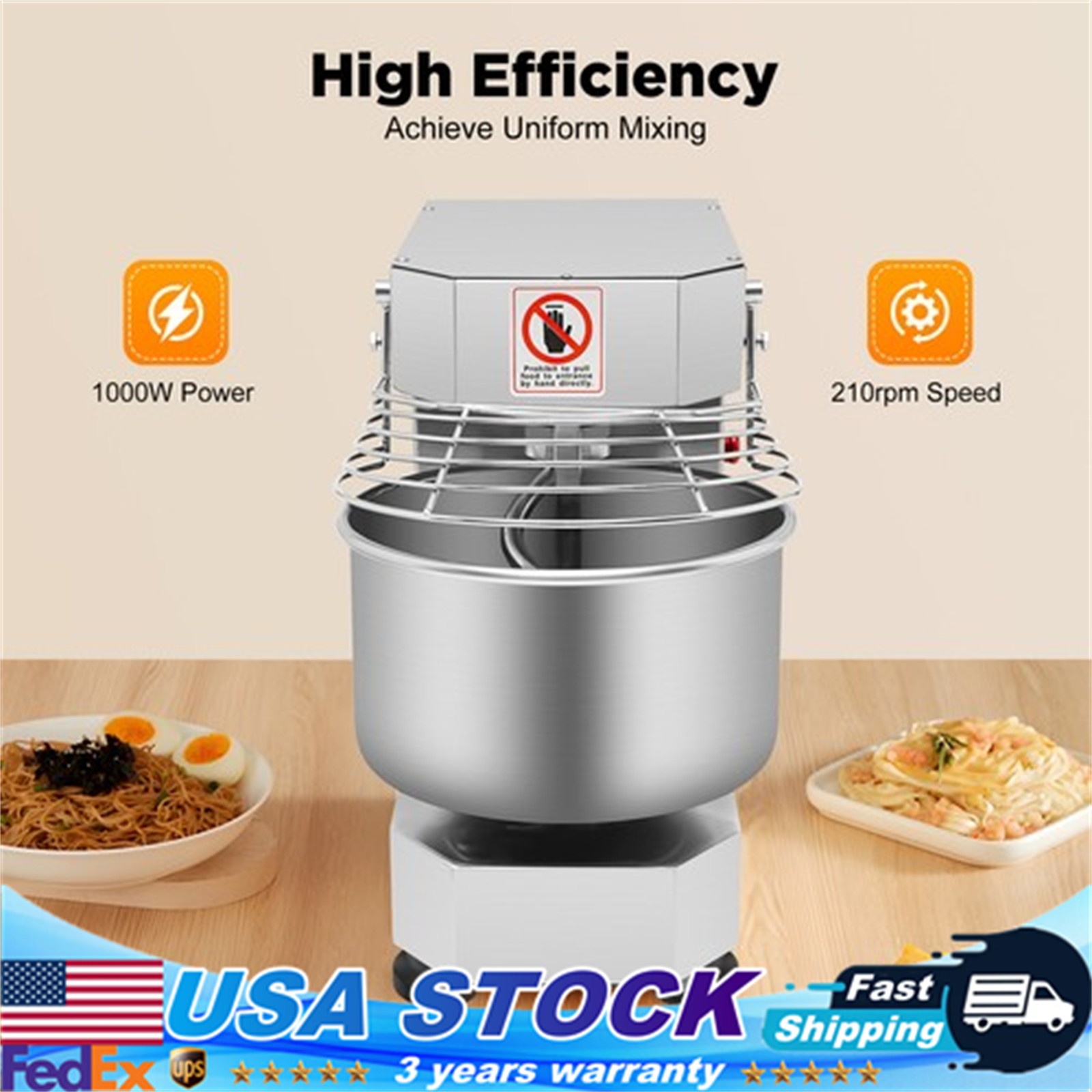 2.6 Gal Dough Kneader 750W Spiral Mixer 110V Stainless Steel