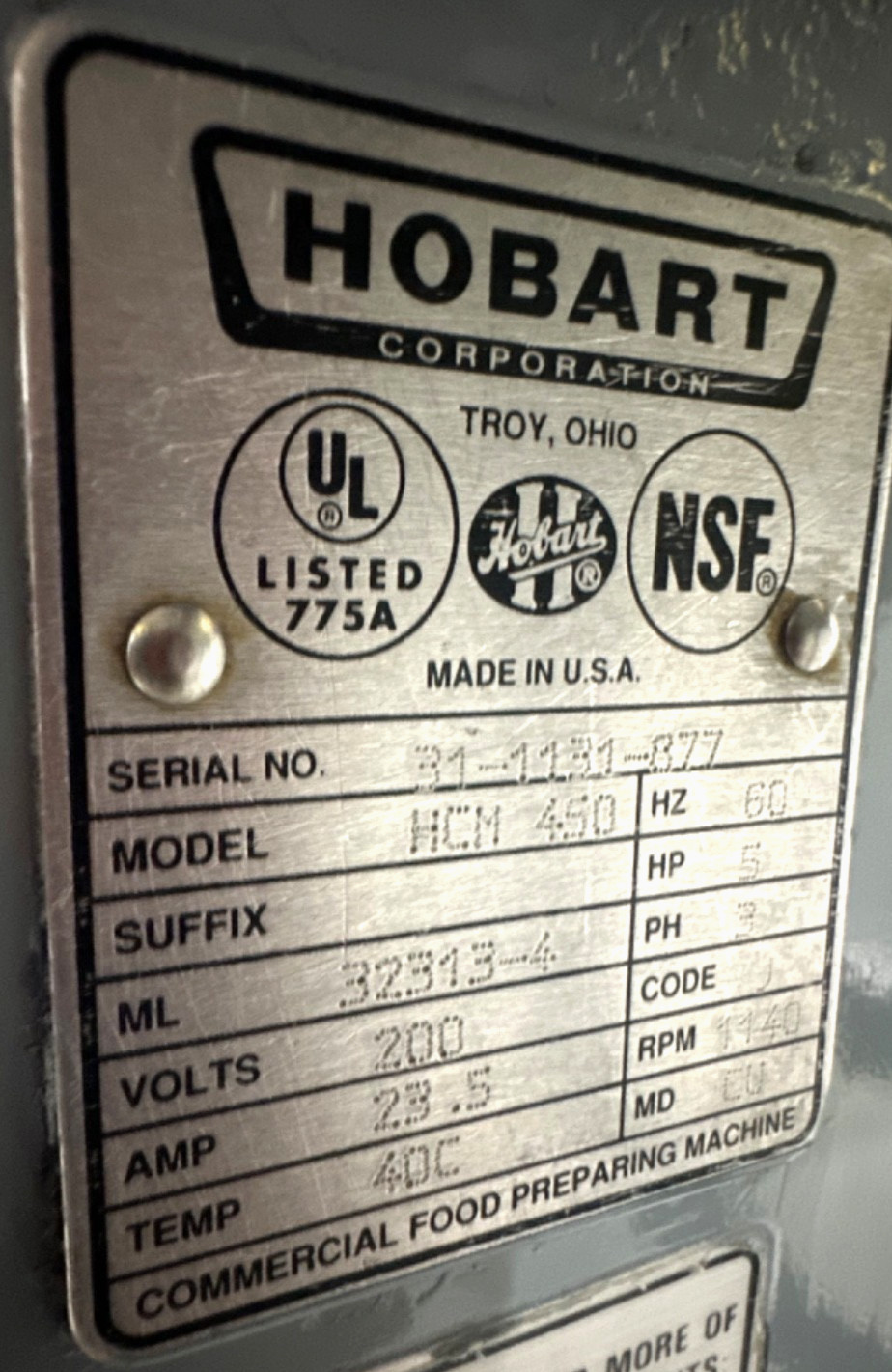 Mixers/ Verical Hobart HCM 450 Vertical Chopper/ 5 HP Motor/ 200V, 3 Phase / # 2