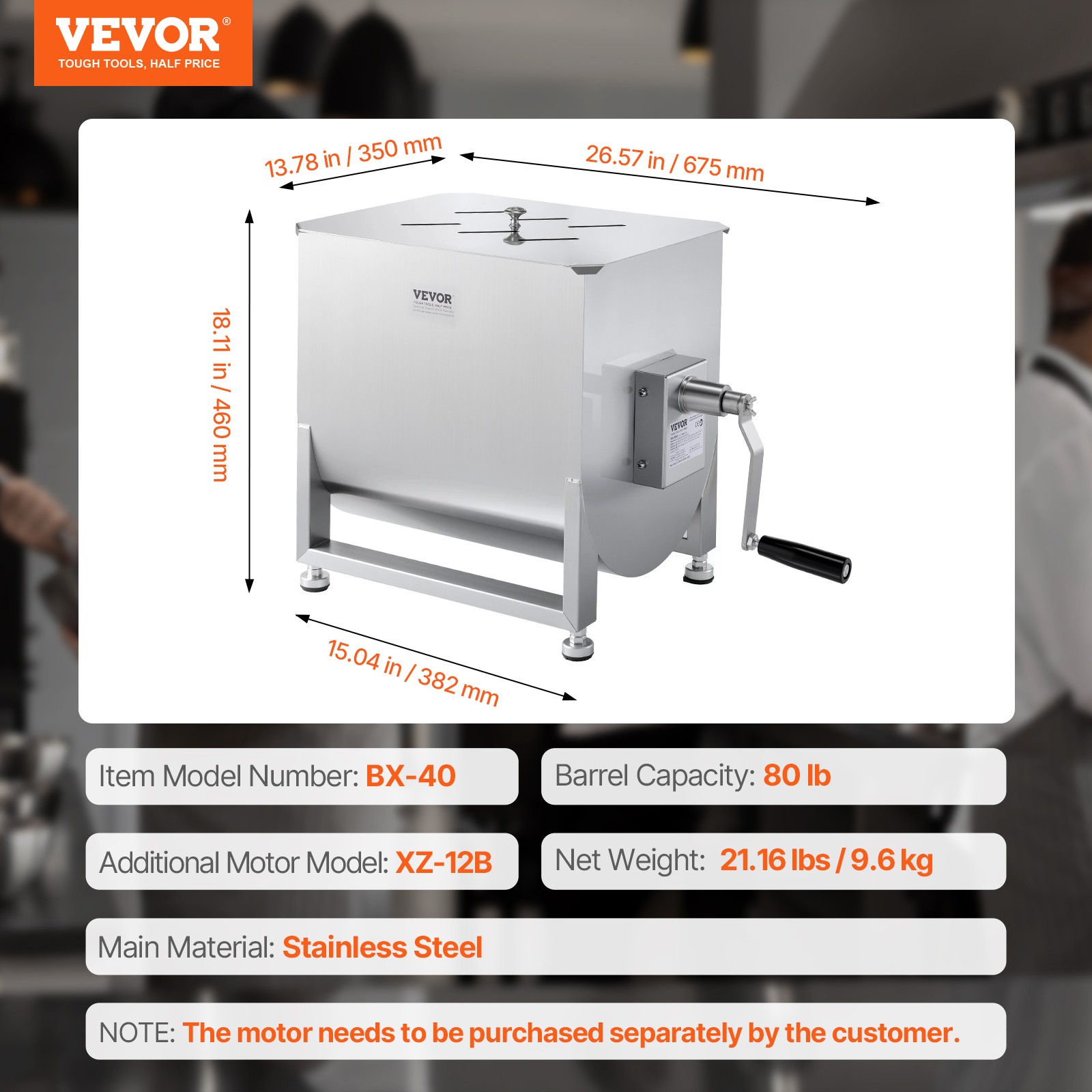 VEVOR Manual Meat Mixer 40L Fixed Tank Mixing Max 60LB for Meat Sausage Mixer
