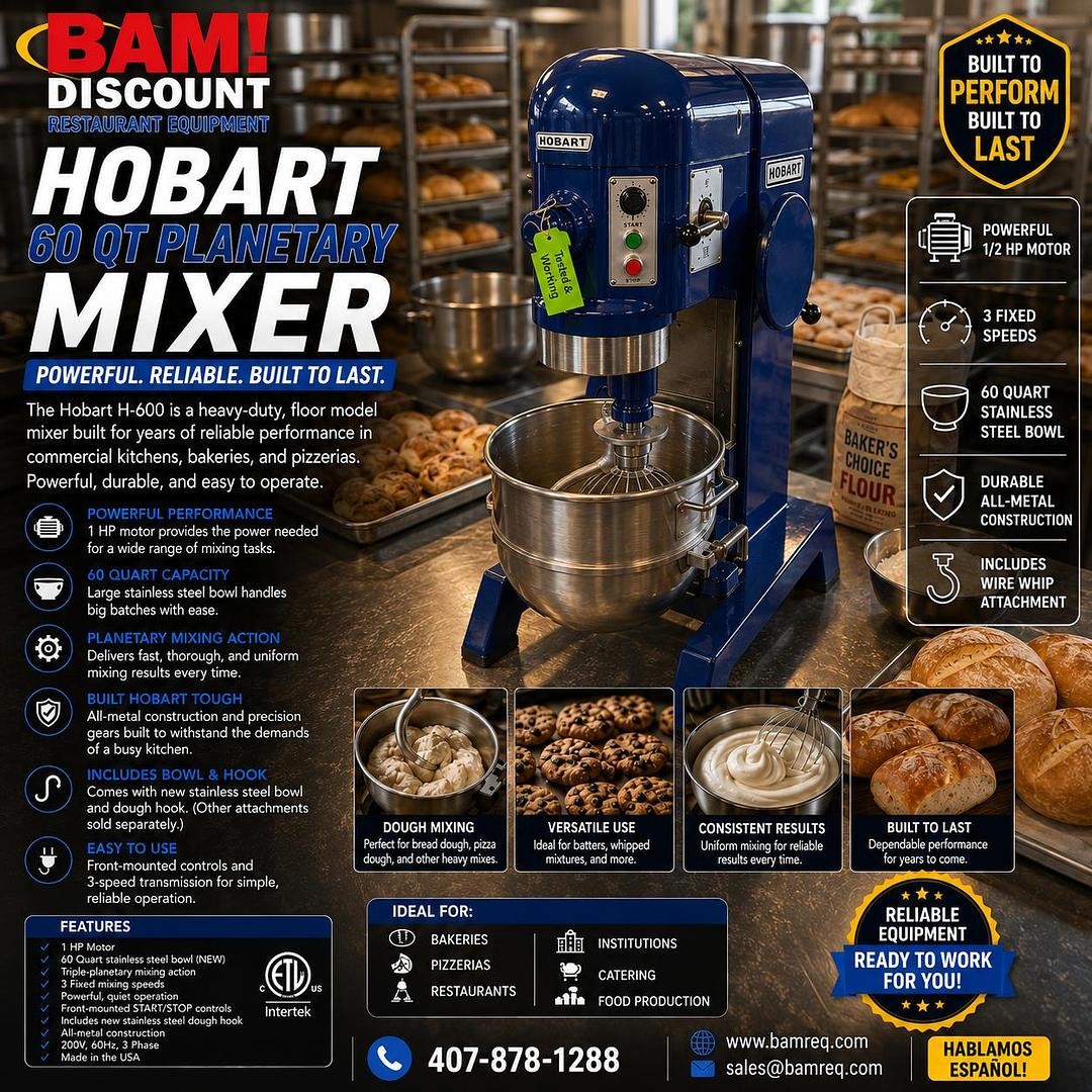 Hobart H-600 60 Qt Mixer 1HP – 3Ph – 200v New Stainless Bowl And Dough Hook