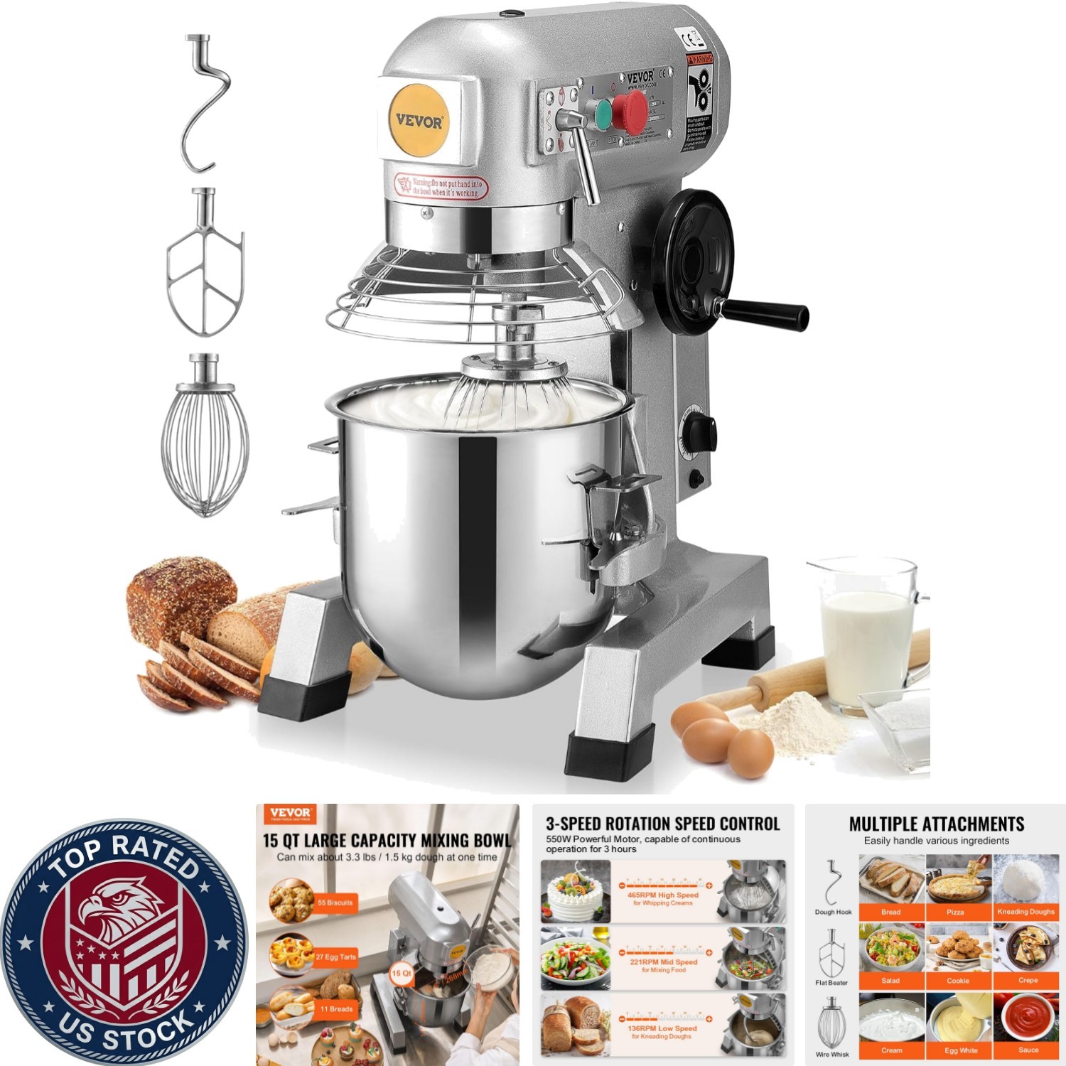 500W Stainless Steel Commercial Mixer with Timer Function & 3 Speed Settings