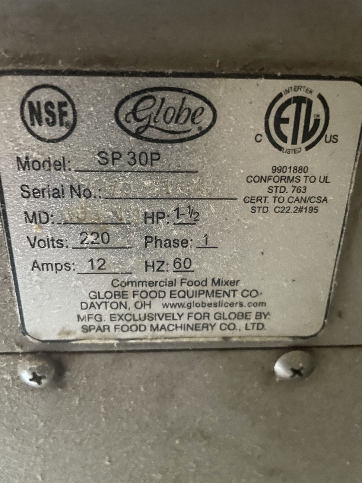 Globe SP30P Commercial Food Mixer 3 Speed Floor Model 220V 1-1/2 HP