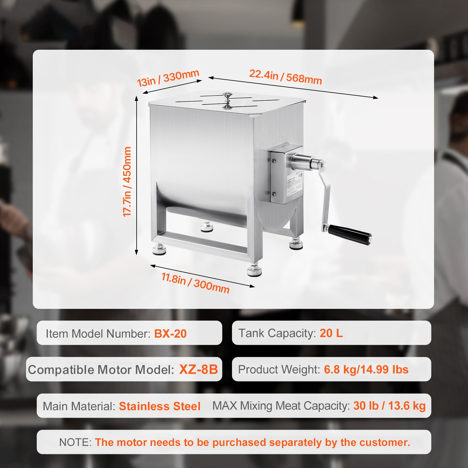 Uimoso Manual Meat Mixer 20L Fixed Tank Mixing Max 30LB for Meat Sausage Mixer