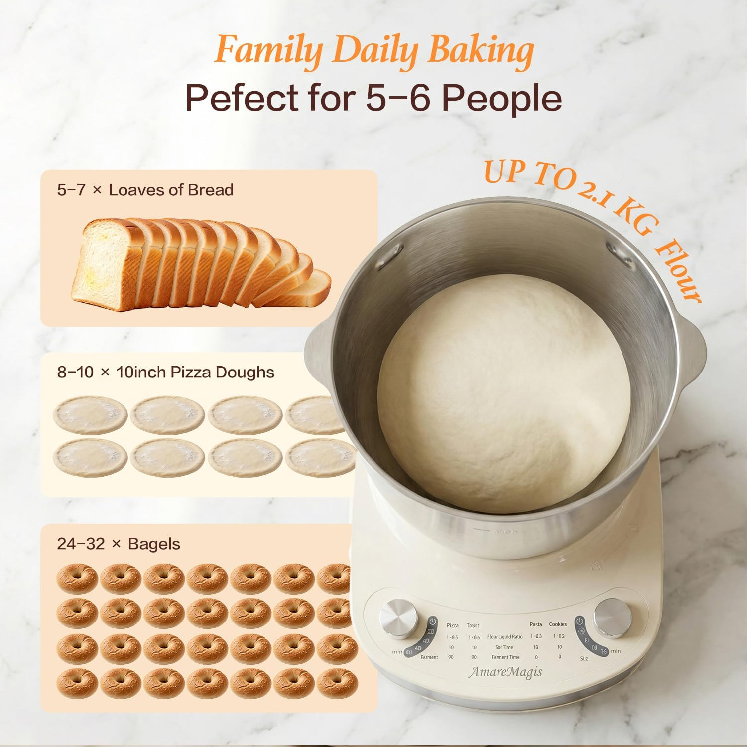 7.4QT Electric Dough Mixer with Timer & Fermentation, Dough Kneader Machine for