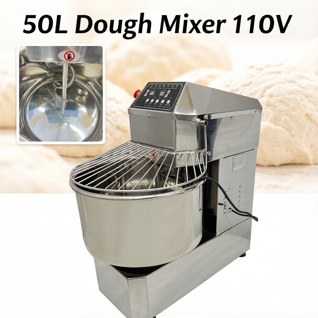 50L Double Action Double Speed Dough Mixer Machine Flour Spiral Kneader 110V