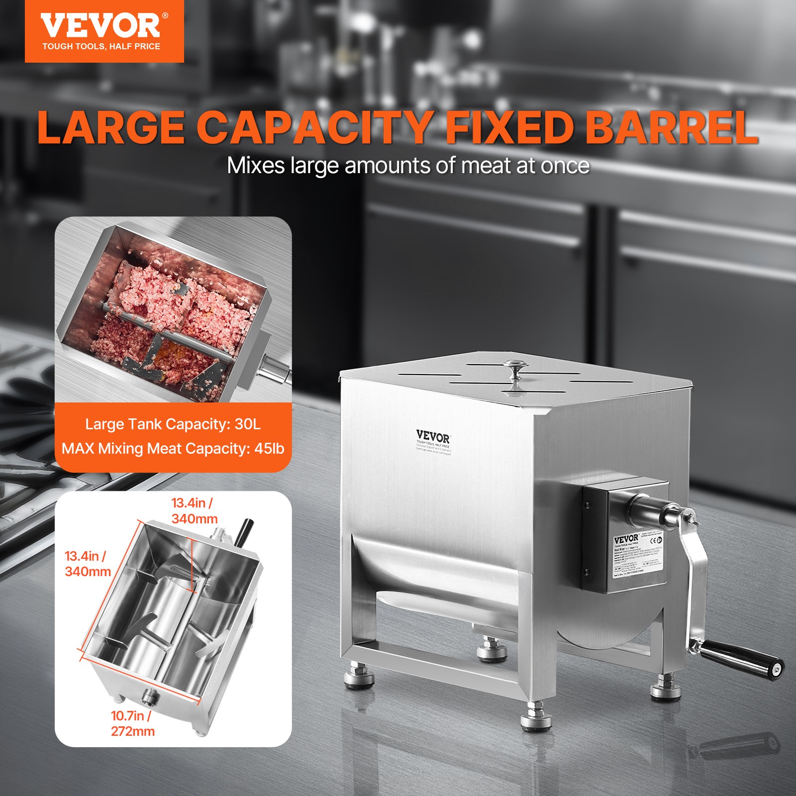 VEVOR Manual Meat Mixer Fixed Tank Mixing Max 60LB for Meat Sausage Mixer