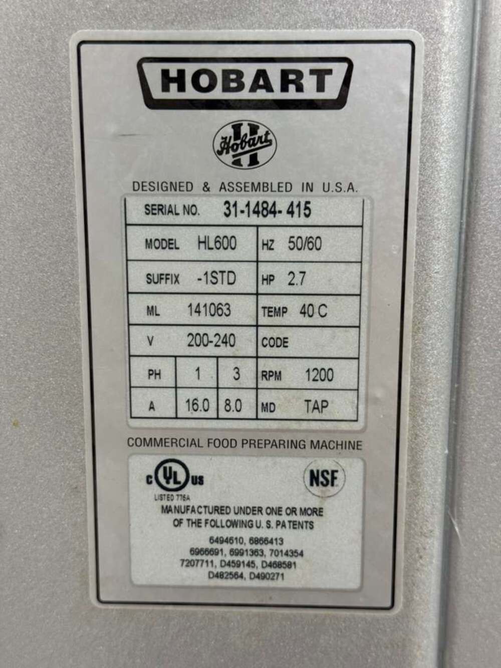 Used 60qt Hobart Legacy HL600-1 Planetary Floor Mixer with Guard – 240V, 3 Phase