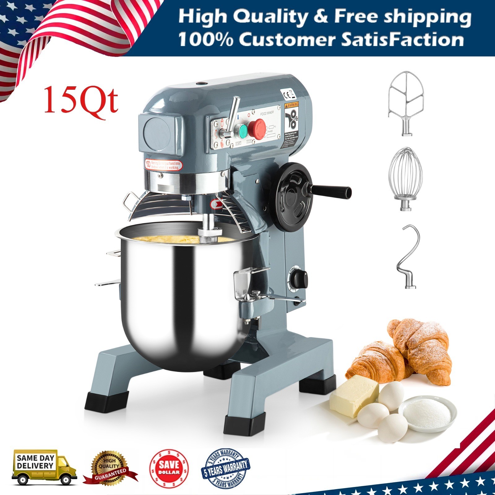 15Qt Commercial 3-Speed Food Mixer Vertical Kneading Machine 600w Dough Mixer