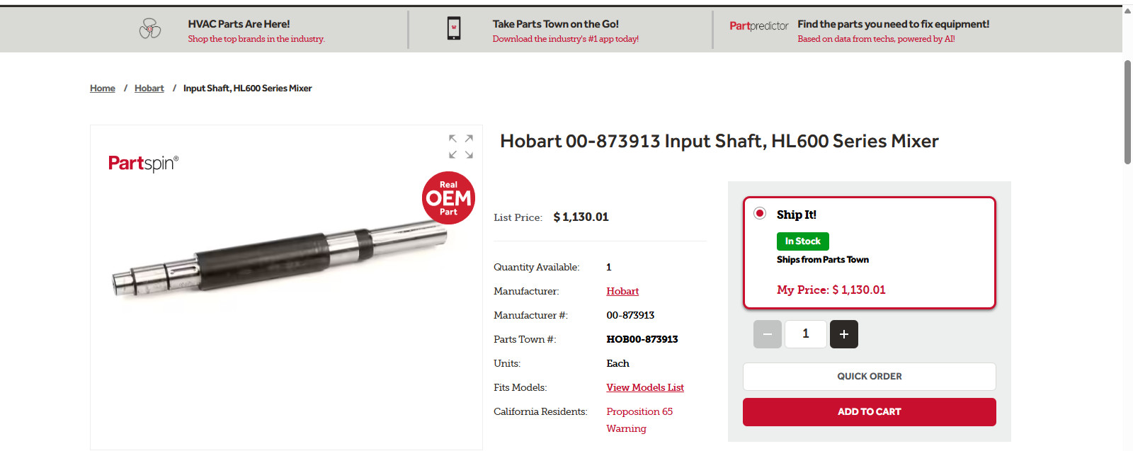Hobart 00-873913 Input Shaft, HL600 Series Mixer