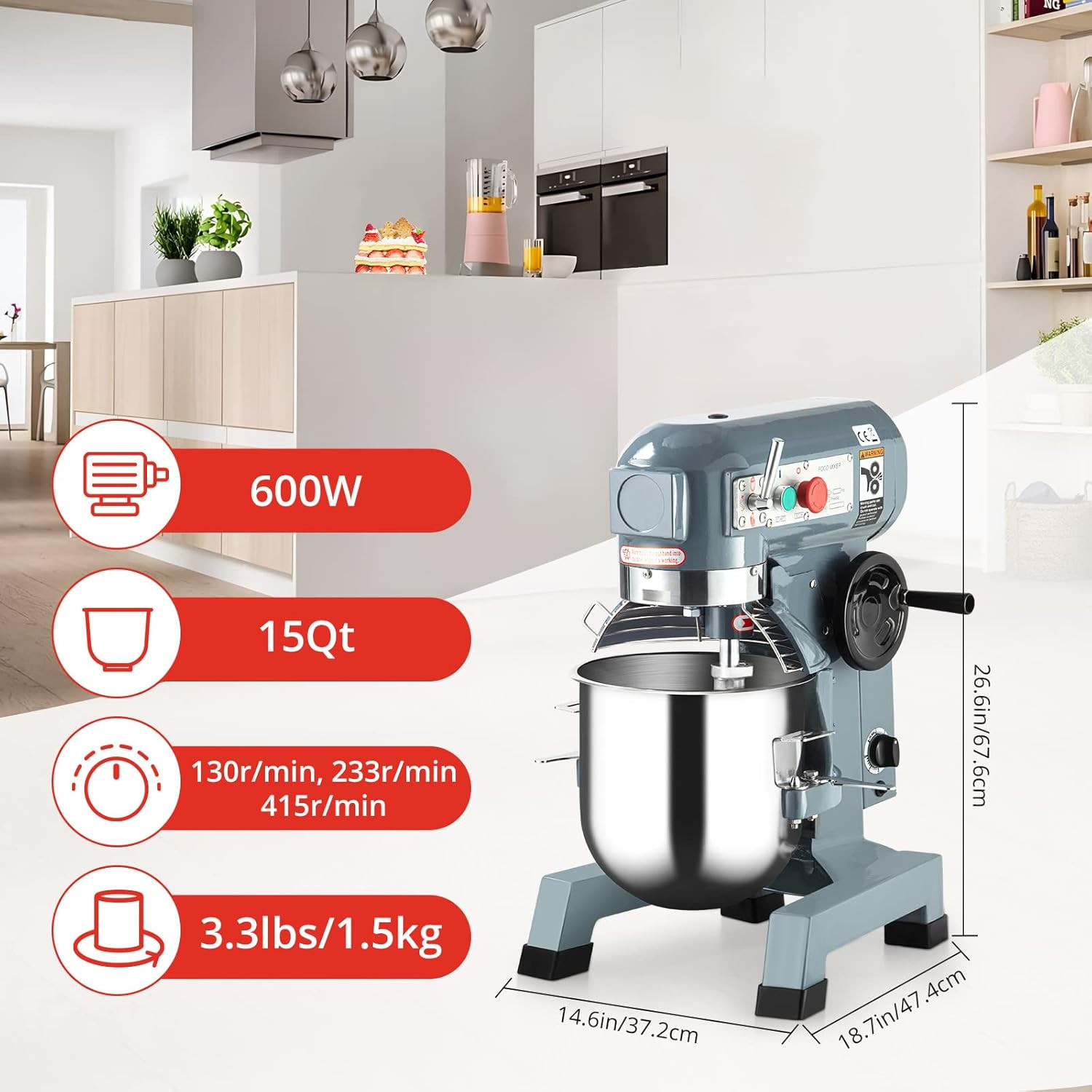 15QT Commercial Food Mixer 600W – Durable Stainless Steel for Bakeries & Pizzeri