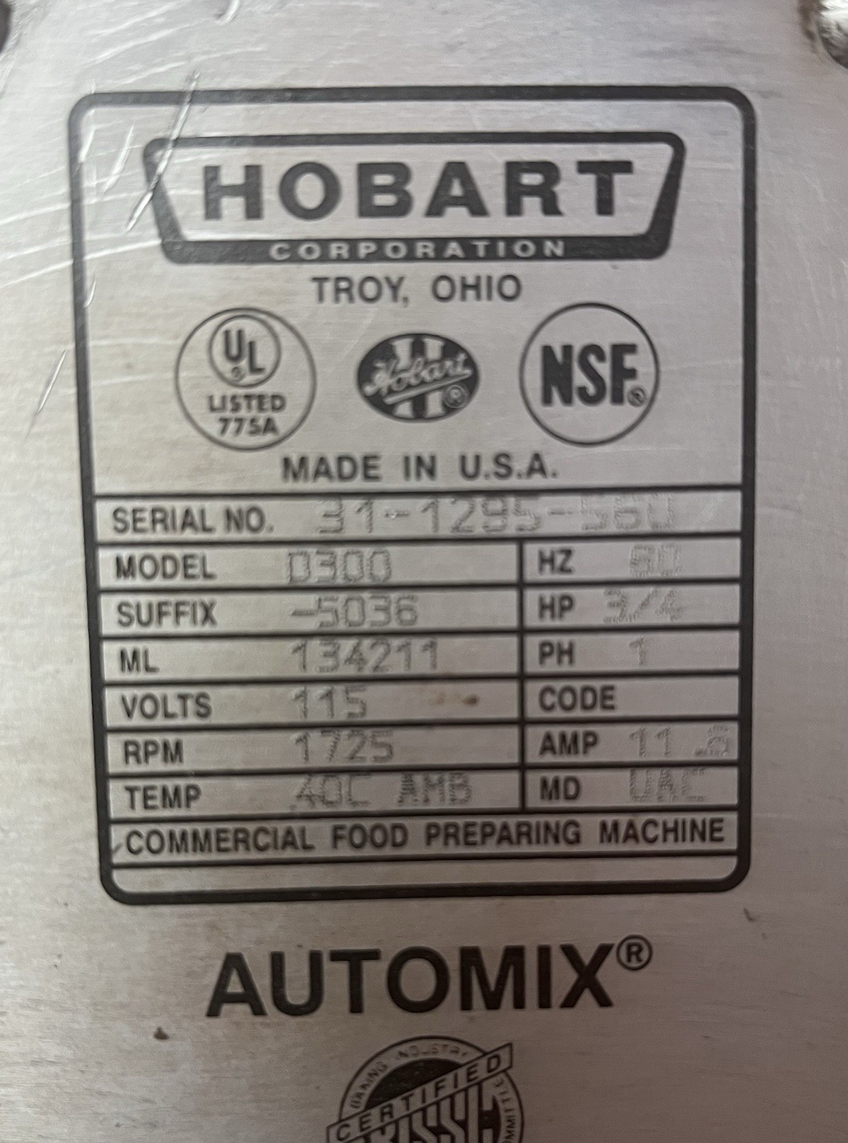 Hobart D300 30-Quart Mixer Motor