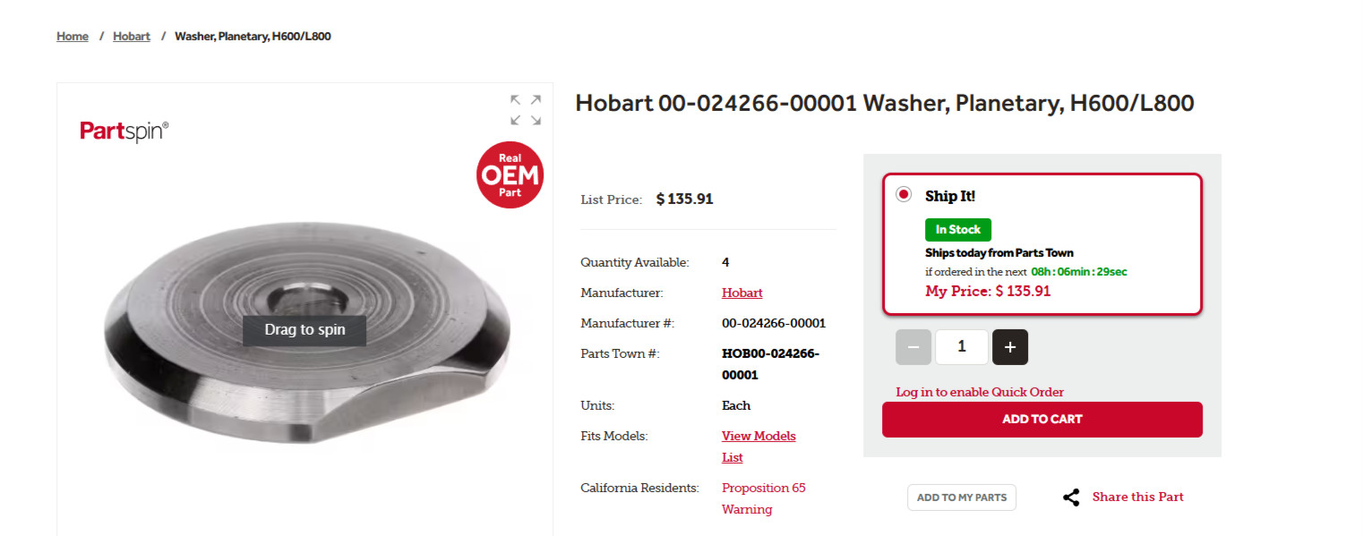 Hobart # 00-024266-00001 Planetary Washer for Mixer H600 L800 P660 FREE SHIP