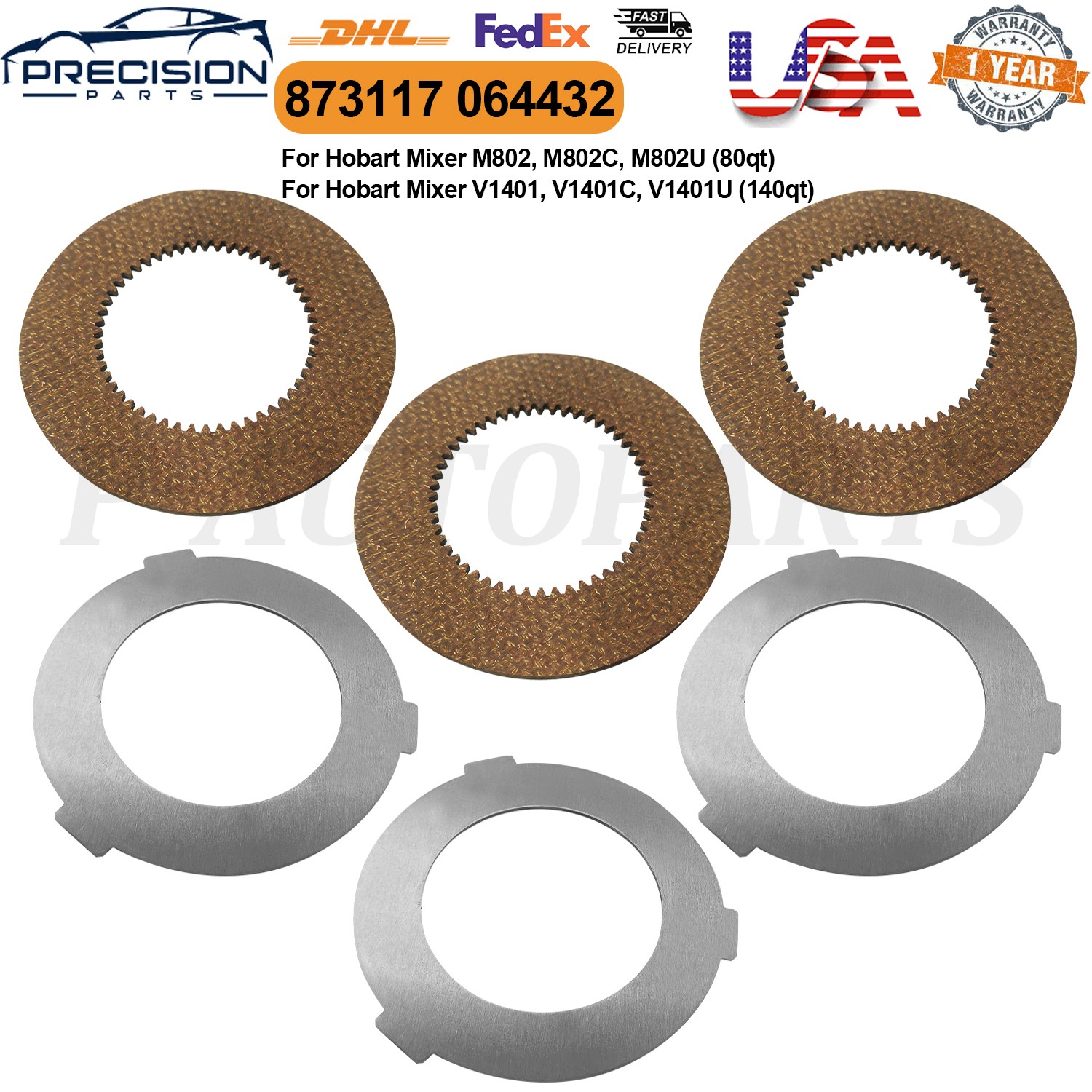 6PCS Inner+Outer Clutch Disc Kit Fit For Hobart Mixer M802 & V1401 873117 064432