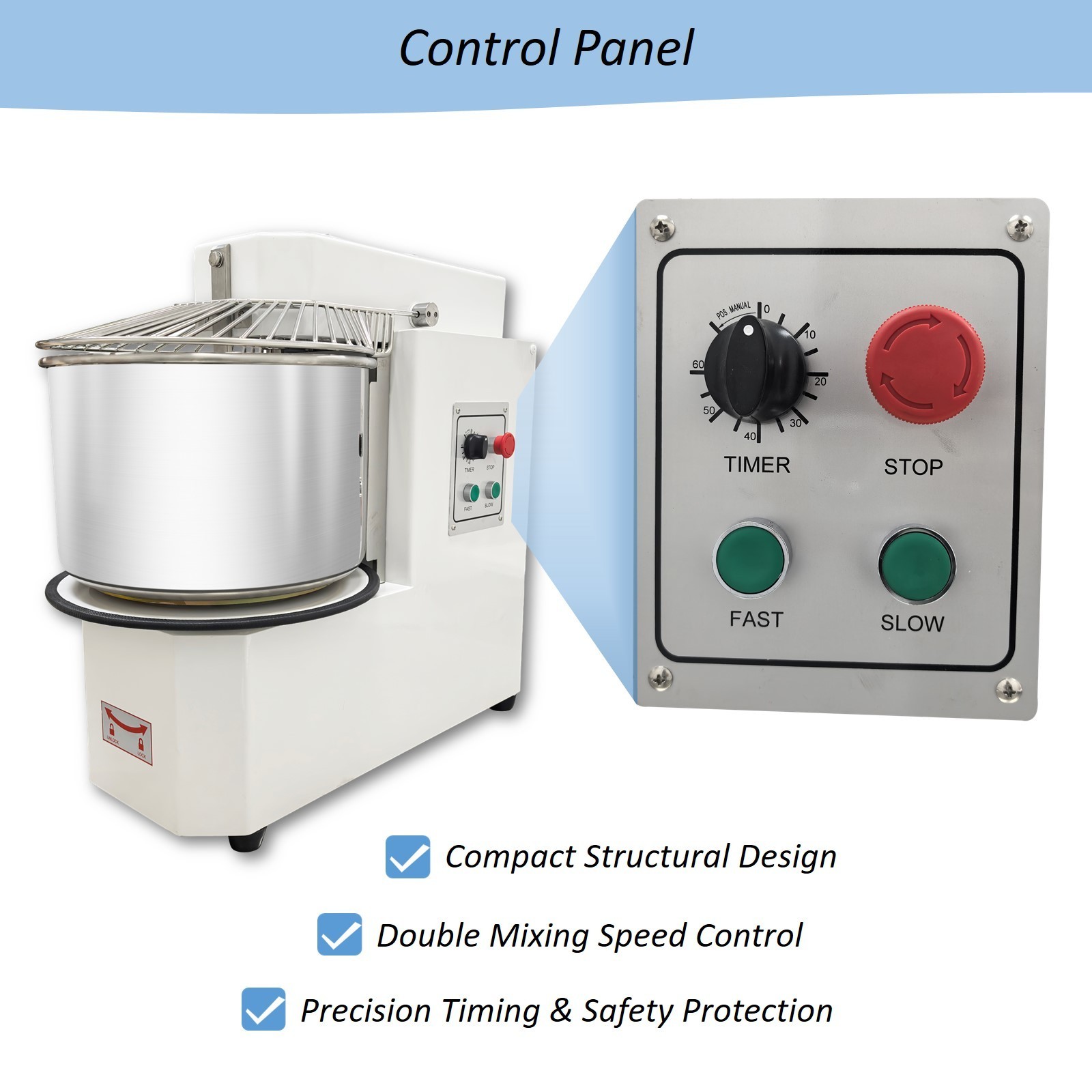 30L Commercial Food Mixer Machine 110V Spiral Dough Mixer with Detachable Bucket