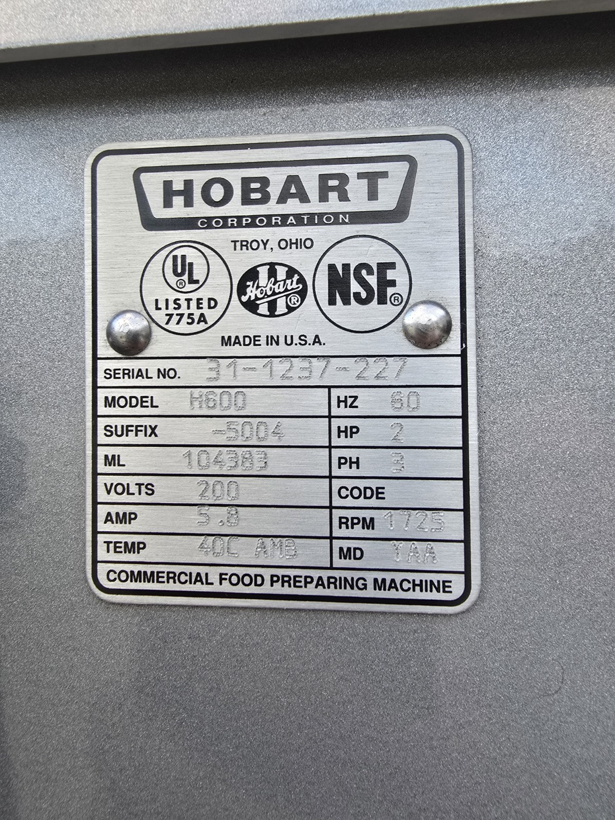 Hobart 60qt Dough mixer H600T Pizza Bakery Donut restaurant bowl guard