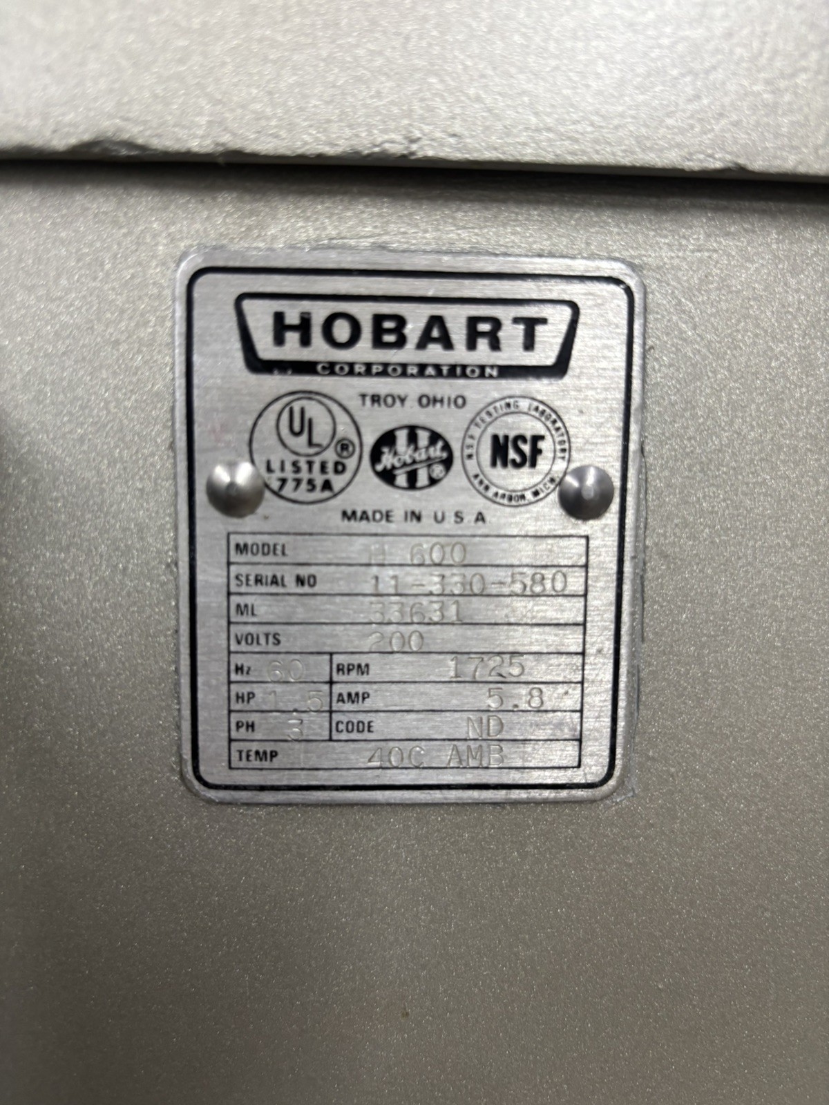 Hobart Dough Mixer (3 Phase 1.5 HP)