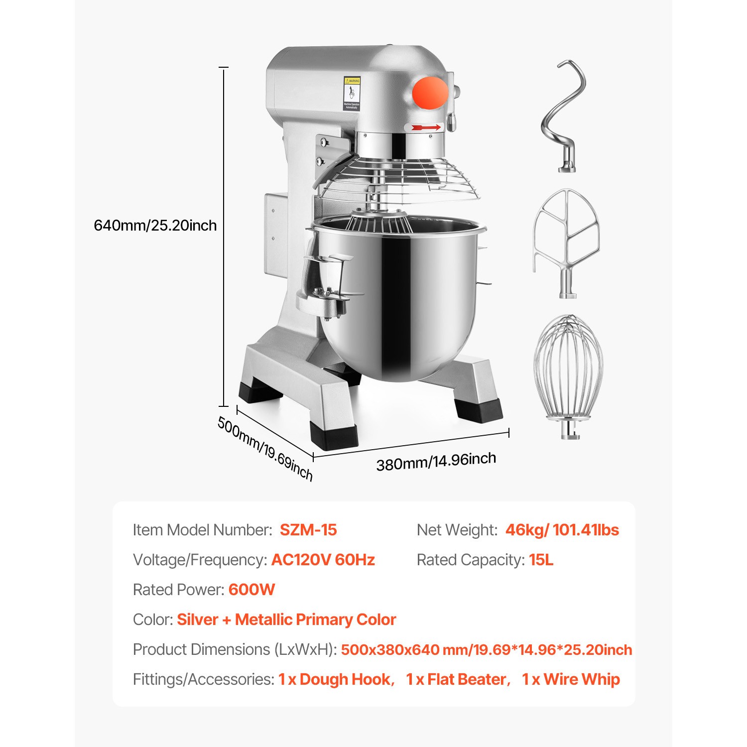 VEVOR Commercial Food Mixer Electric Dough Mixer 15Qt 3 Speeds Pizza Bakery 600W