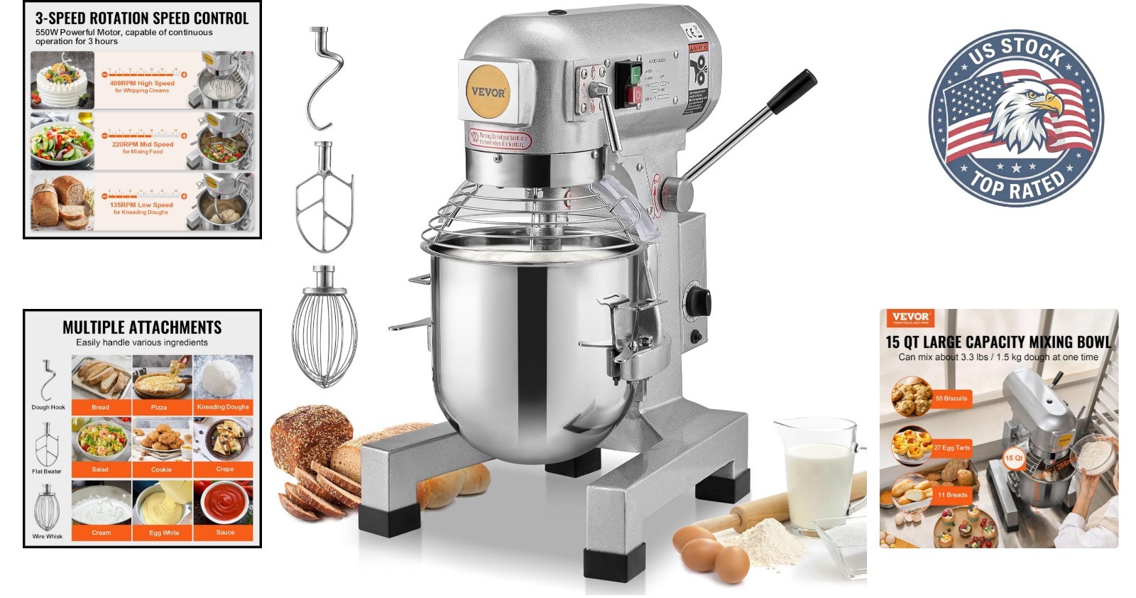 Professional 15Qt Stand Mixer – 550W Dough Mixer with Stainless Steel Bowl