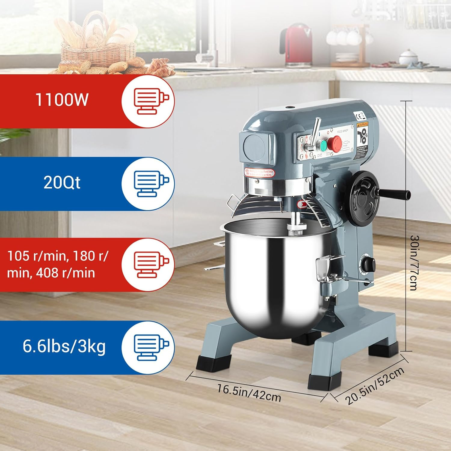 20Qt Heavy Duty Commercial Food Mixer with Timer & 3 Speed Settings