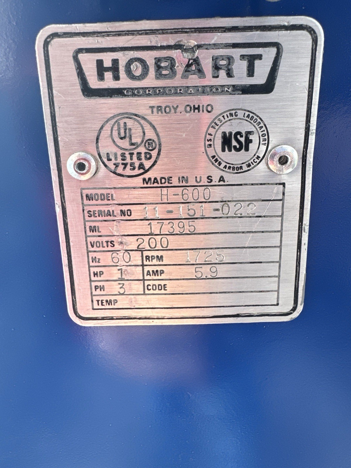 Hobart H600 60 Qt Mixer 1HP – 3Ph – 208V – Stainless Bowl & Hook- Reconditioned
