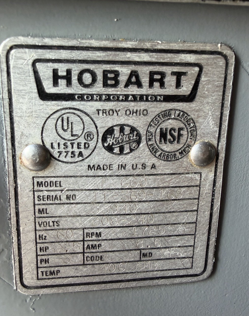 Hobart Mixer P660 208v 3 Phase 2.5 Hp Pizza Dough Mixer 30day Warranty