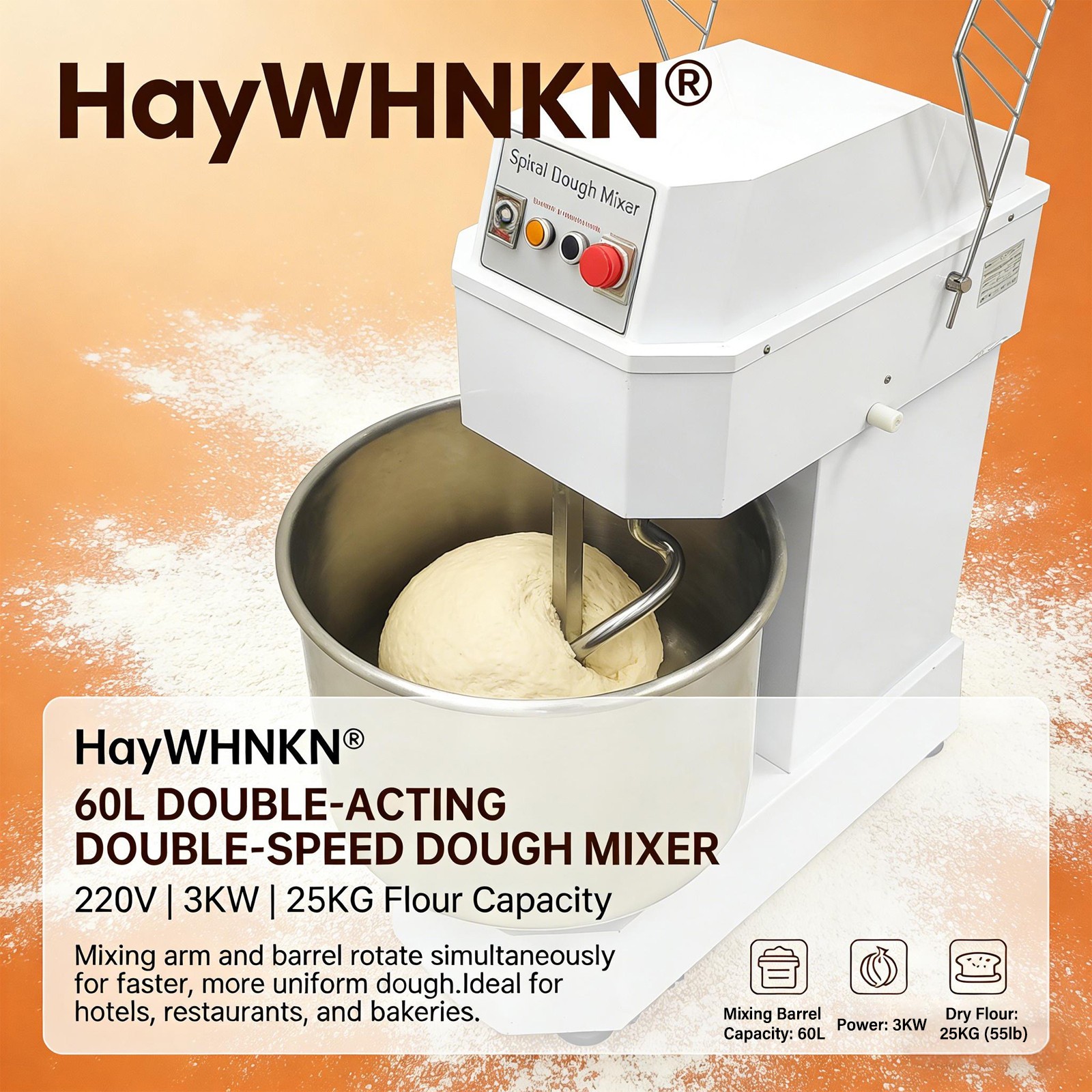 60L Silent Commercial Dual-Speed Dough Mixer w Dual-Action Arm & Bowl Rotation