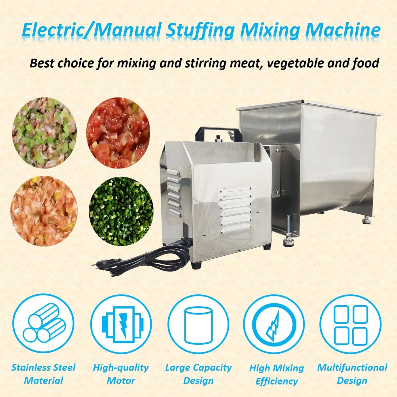 550W 110V Electric/Manual Food Mixer 40L Capacity Stainless Steel Stuffing Mixer