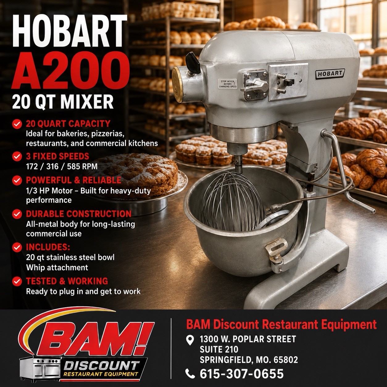 Hobart A200 20 Qt Countertop Planetary Mixer w/Bowl, Beater, & Whisk -120v QUIET