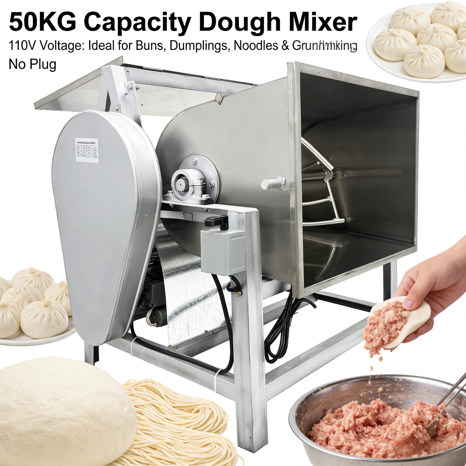 110.23lb Commercial Dough Flour Mixer Twisted Auger 2-Way Rotation Tilting Bowl