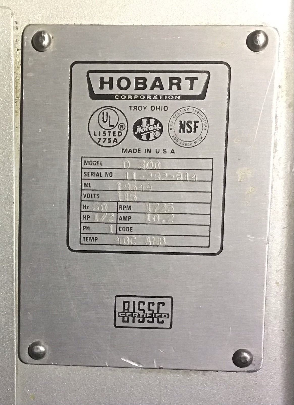 Hobart D300 Commercial 3-Speed Floor Mixer w/Bowl, Whisk, Dough Hook & Beater