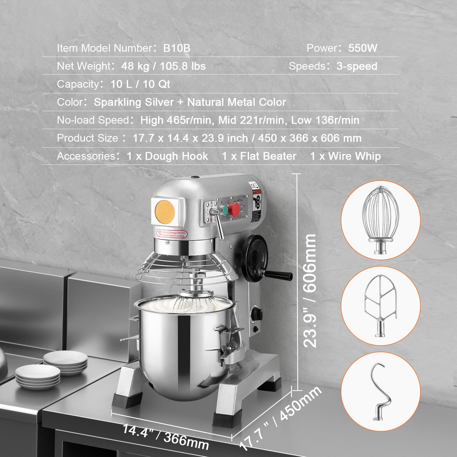 VEVOR Commercial Electric Food Mixer Stand Mixer 10Qt Dough Mixer 3 Speeds 550W