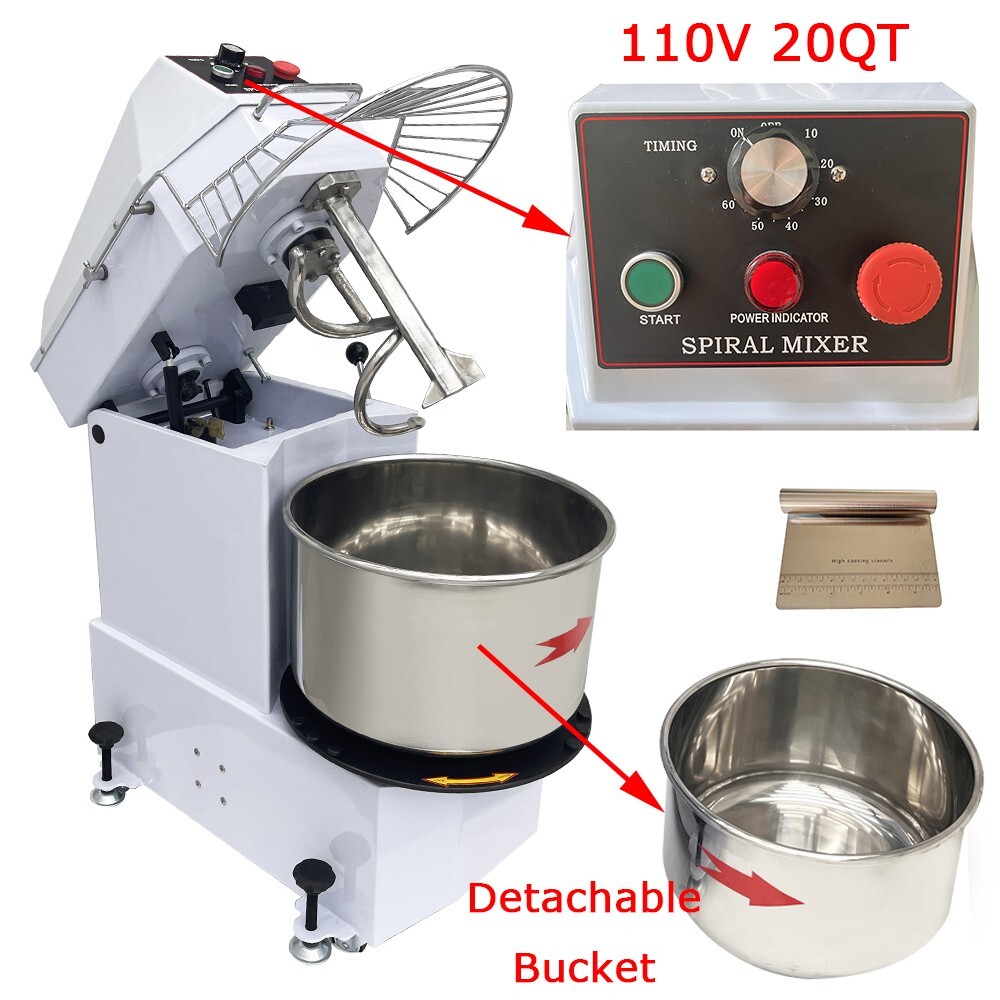 20L Commercial Food Mixer Machine 110V Spiral Dough Mixer with Detachable Bucket
