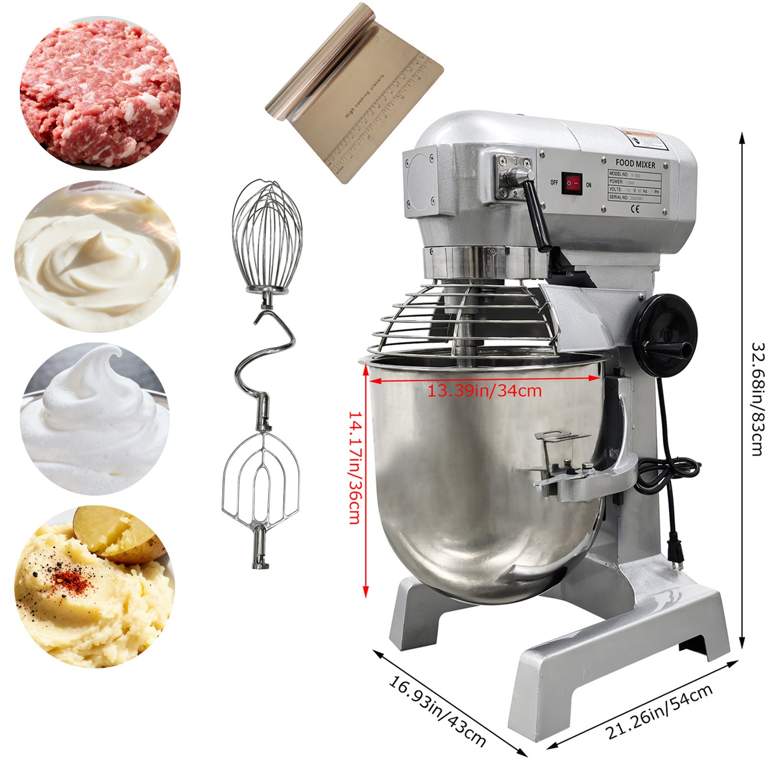 Auto Stop 30L Mixer Mixing Machine w 3 Types Mixing Arms For Dough Veg Cream Egg