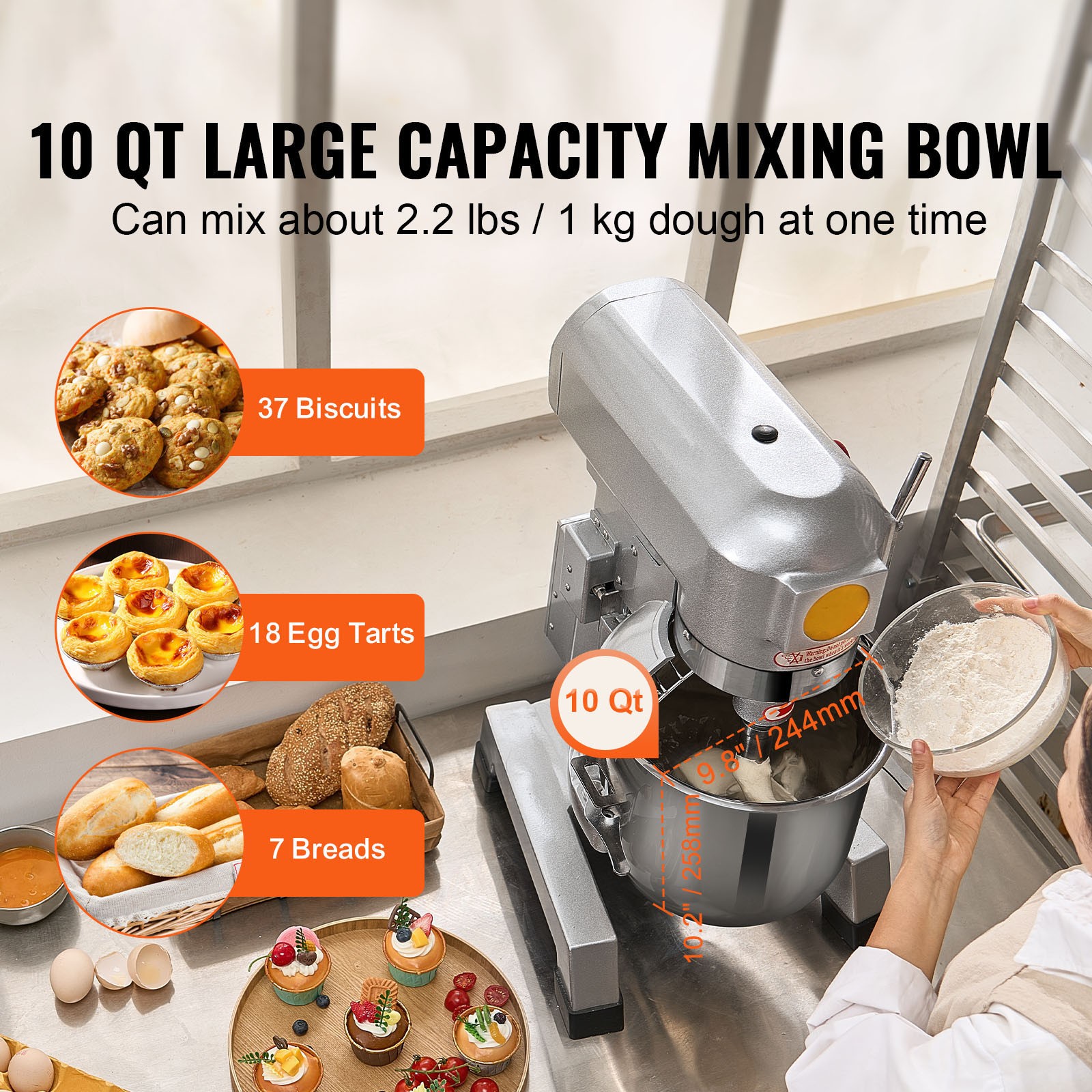 VEVOR Commercial Electric Food Mixer Stand Mixer 10Qt Dough Mixer 3 Speeds 550W