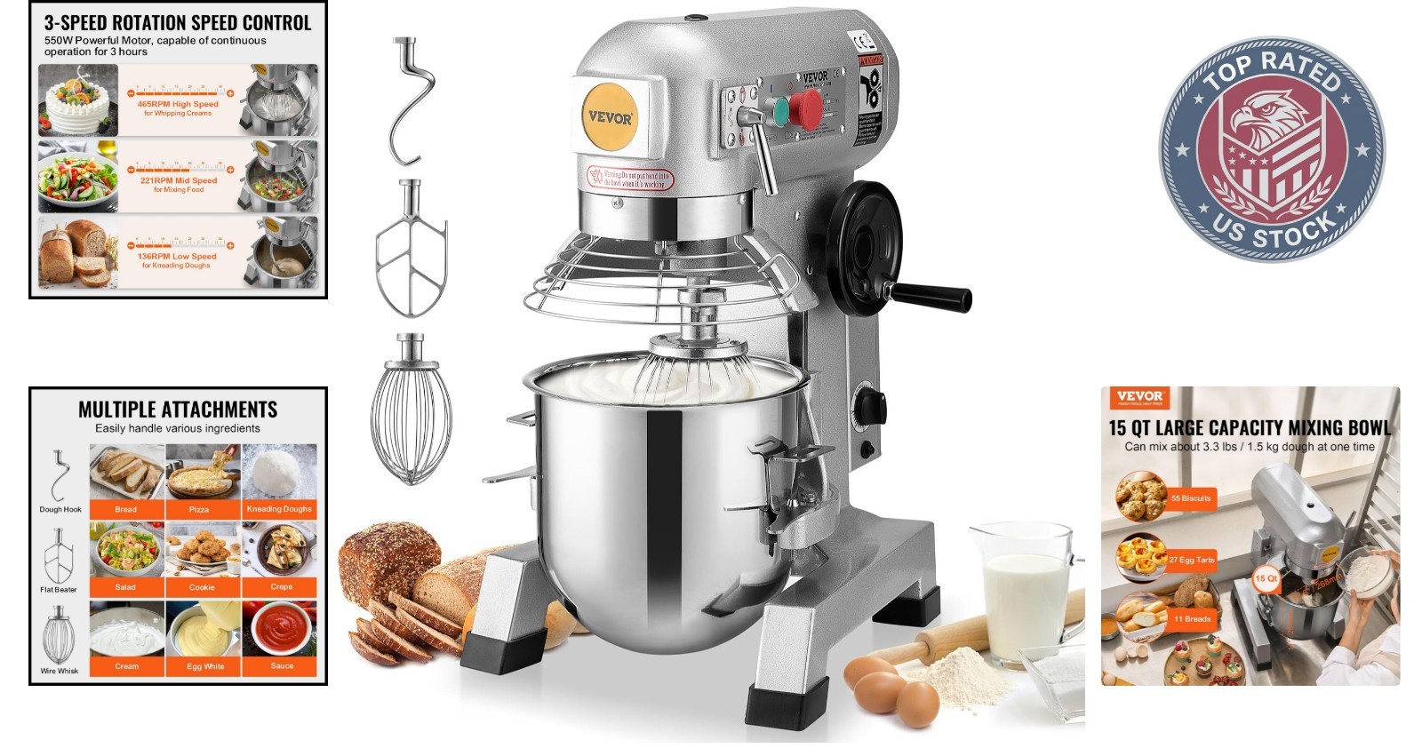 500W Stainless Steel Commercial Mixer with Timer Function & 3 Speed Settings