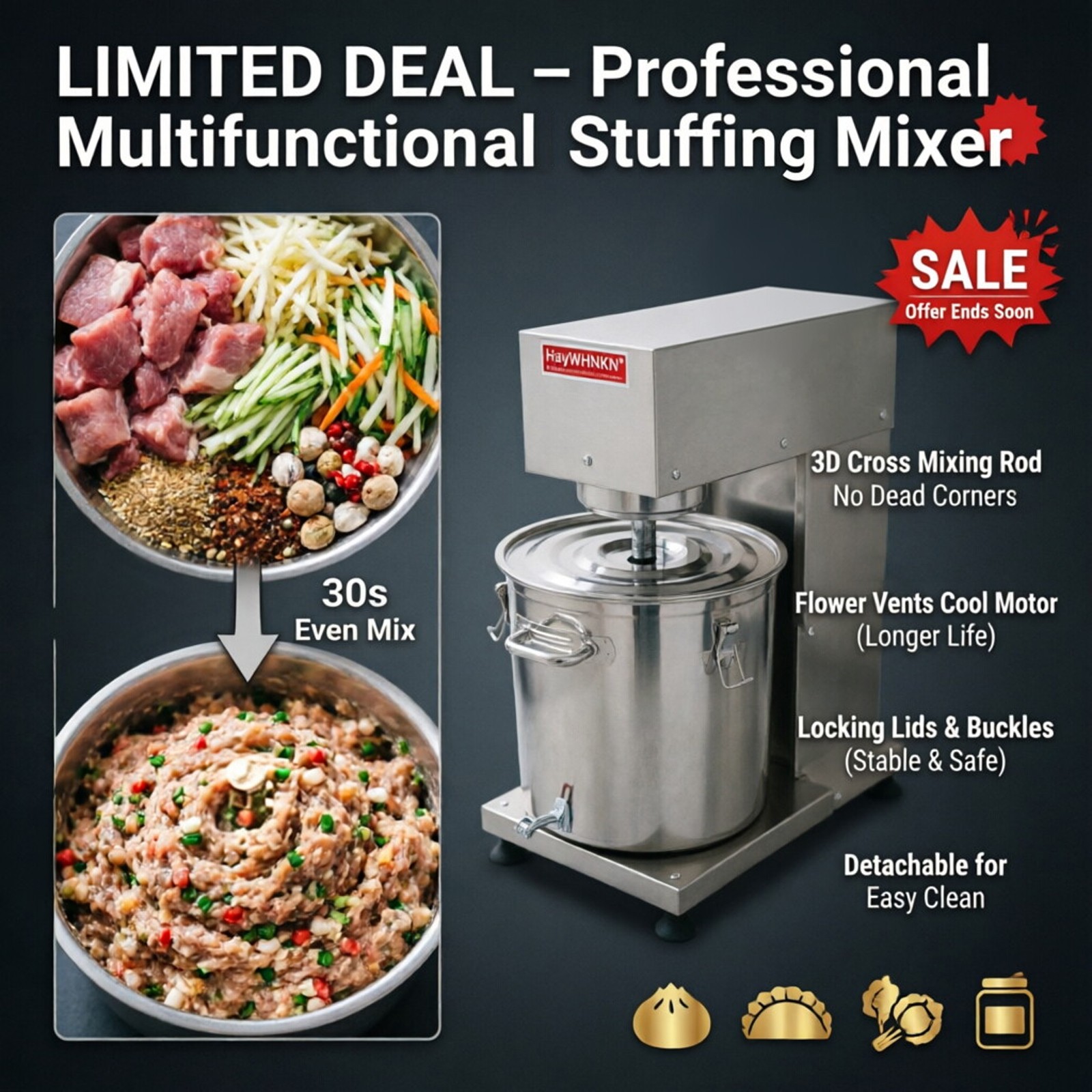 43L Commercial Stuffing Mixer, Variable Speed 0-200rpm, for Dumpling Bun Filling