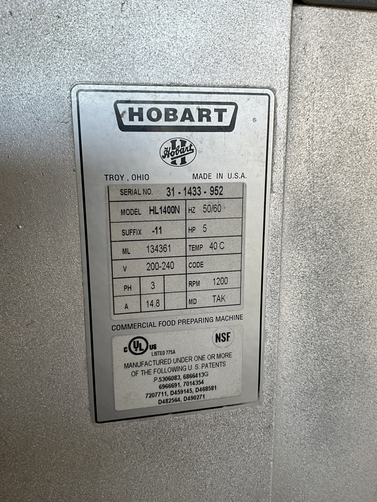 Hobart Legacy 140qt Dough mixer HL1400N with 80qt set up Hook Paddle Whisk Bowl