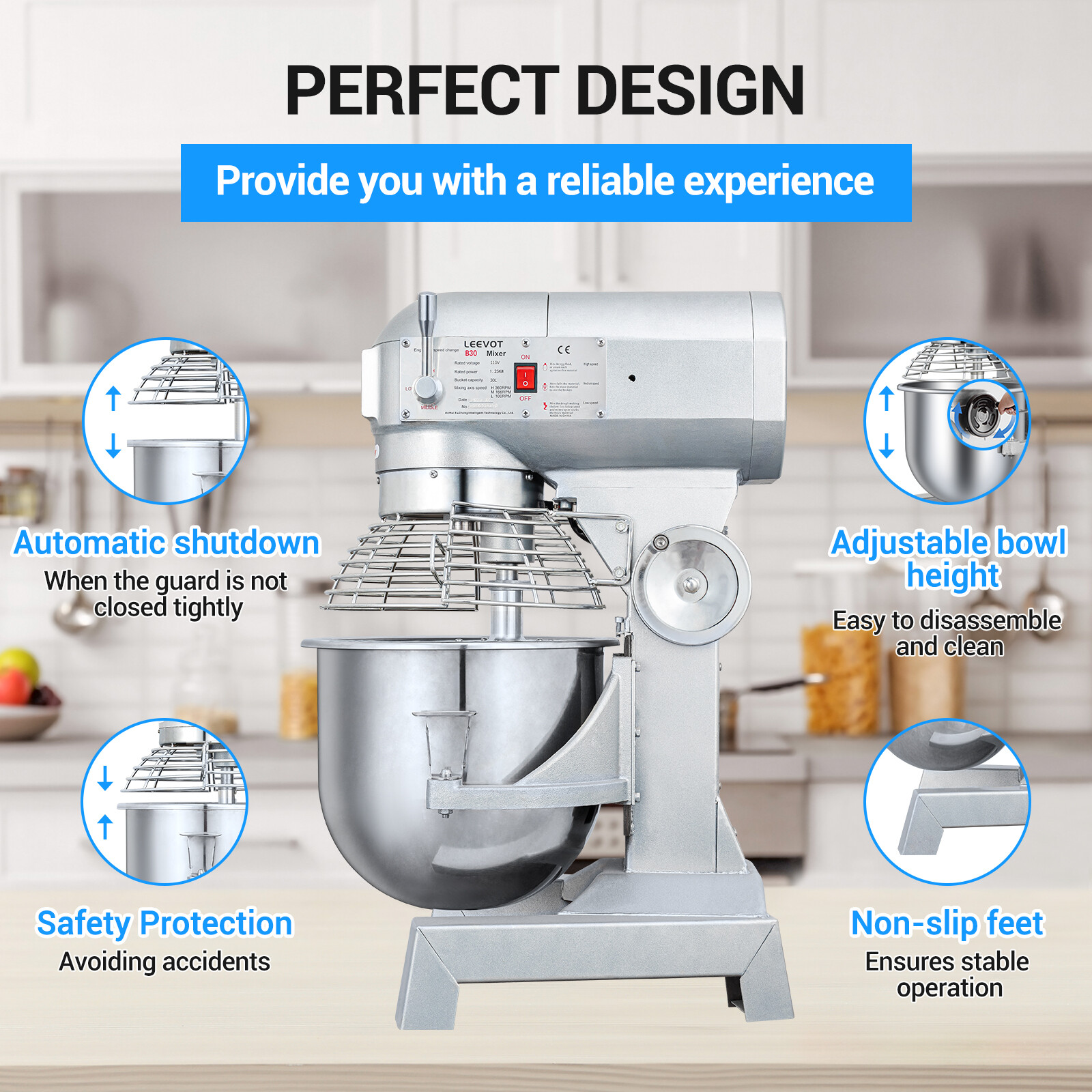 LEEVOT Commercial Electric Food Dough Mixer Food Mixer 3 Speeds Machine 10L-60L