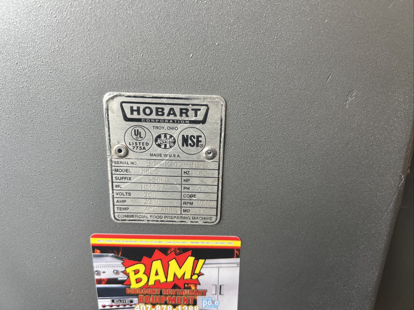 HOBART M-802 3HP STAINLESS STEEL BOWL & HOOK WITH BOWL GUARD 200V/60/1PH