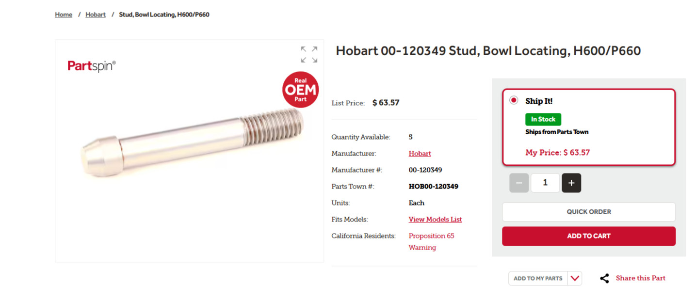 Hobart 00-120349 Stud, Bowl Locating, H600/P660