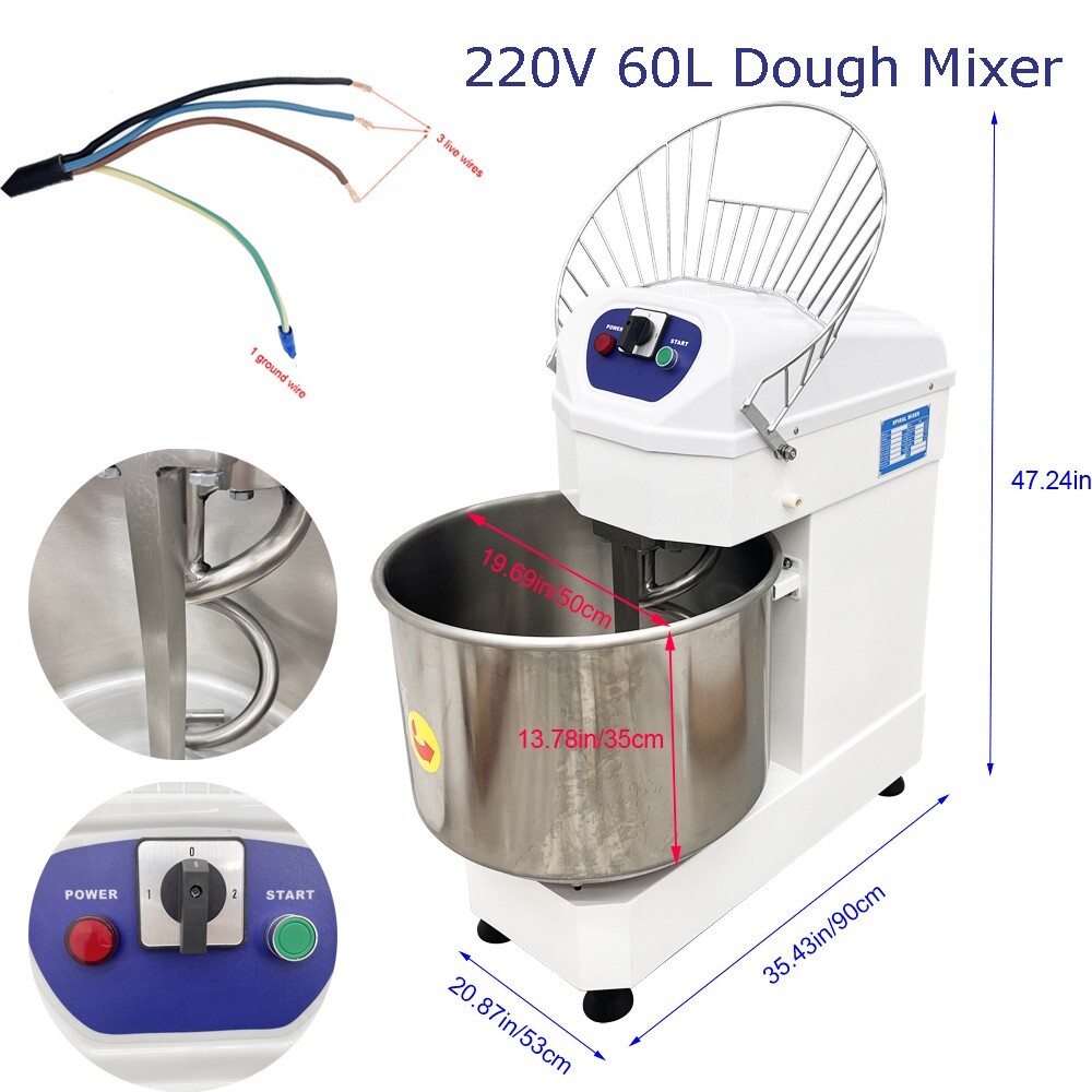 Commercial 60 Qt. Spiral Dough Mixer 220V/60Hz Phase 3 Flour Dough Bakery Shop